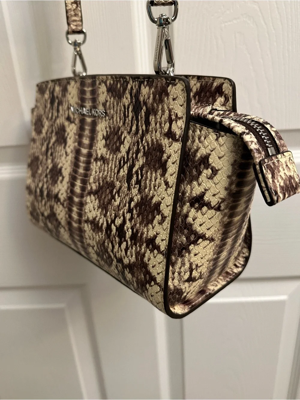 Michael Kors Brown and Cream Snake-Print Crossbody